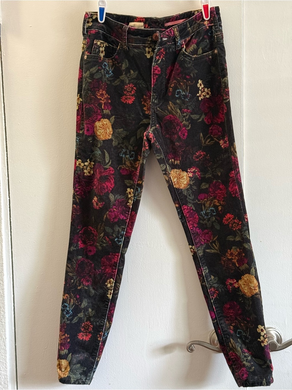 Pilcro Black Skinny Jeans with Pink & Gold Floral Print